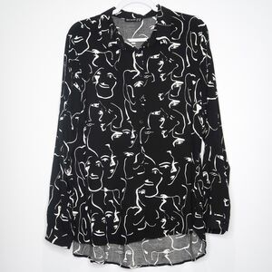 Big Dart‎ Womens Button Up Shirt 2X Black White Face Silhouette Print Office 90s